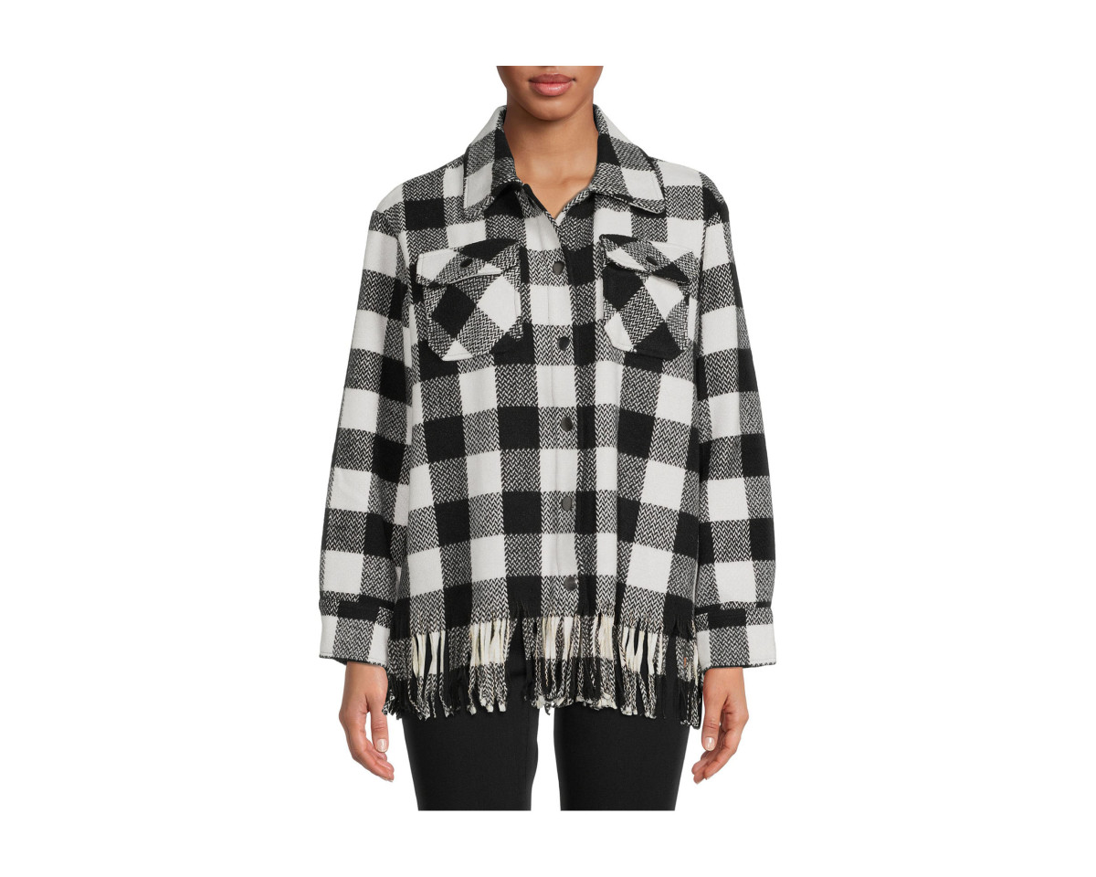 Time and Tru Women's Plaid Fringe Shacket with Snap Front