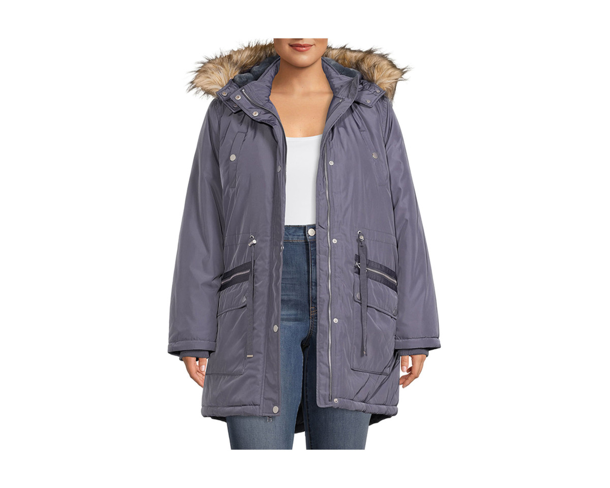 Time and Tru Women's and Plus Anorak Coat with Faux Fur Trim Hood